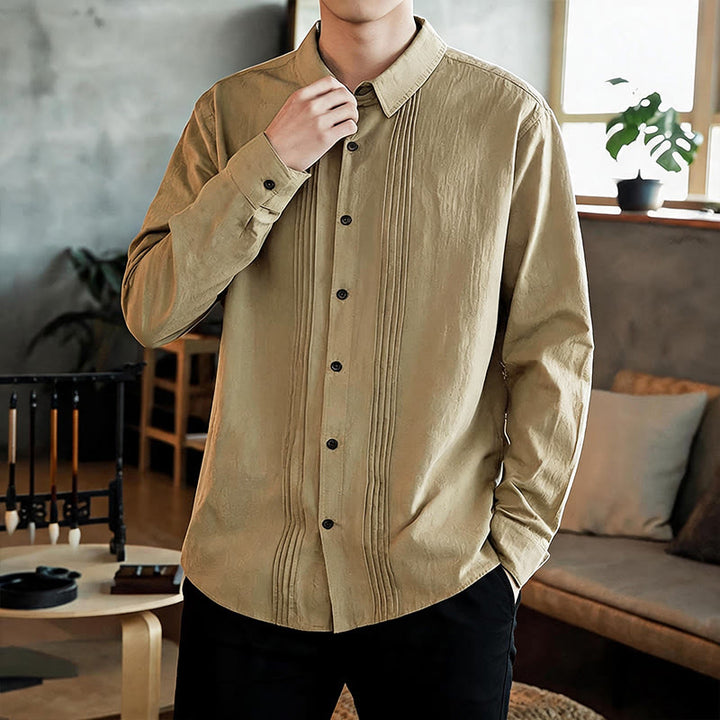 Buddha Stones Camicia da uomo a maniche lunghe, tinta unita, minimalista, con pieghe e bottoni, ideale per la primavera. - image 15