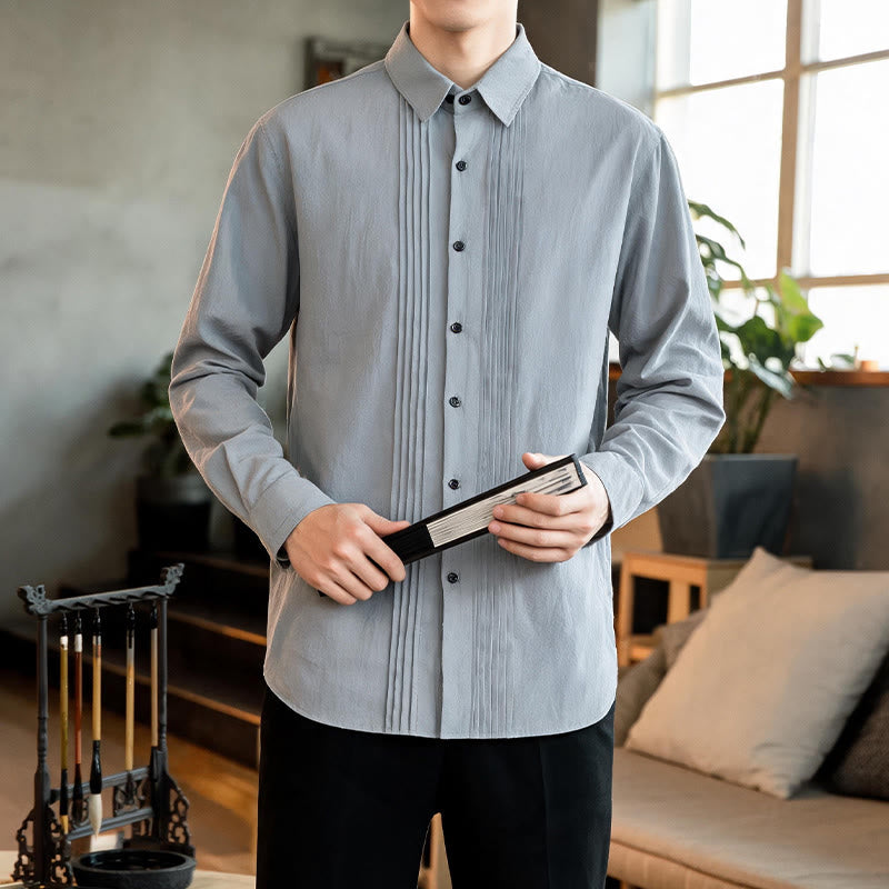 Buddha Stones Camicia da uomo a maniche lunghe, tinta unita, minimalista, con pieghe e bottoni, ideale per la primavera. - image 21