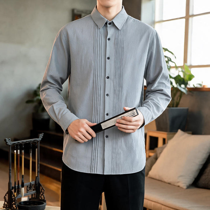 Buddha Stones Camicia da uomo a maniche lunghe, tinta unita, minimalista, con pieghe e bottoni, ideale per la primavera. - image 21