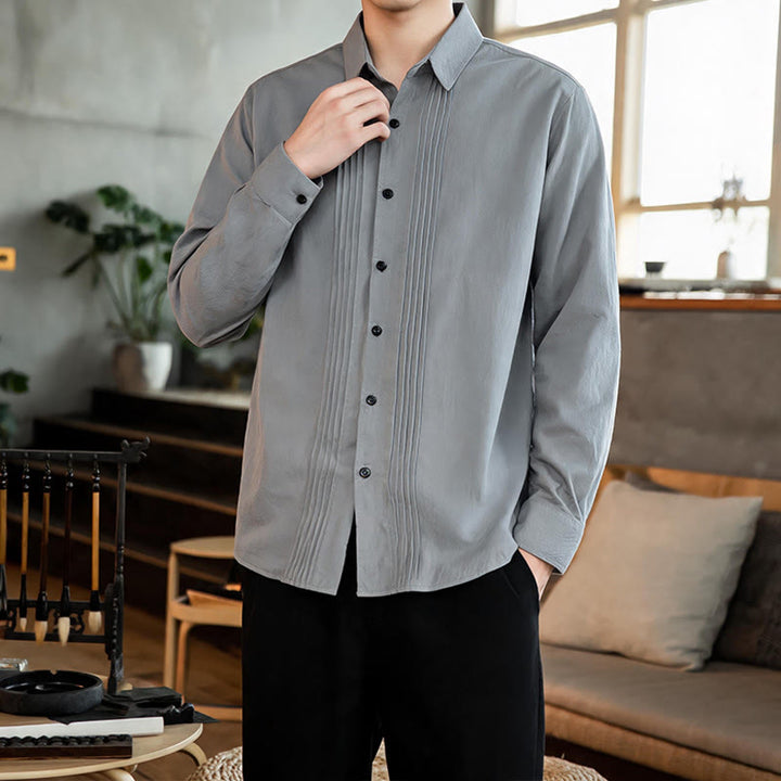 Buddha Stones Camicia da uomo a maniche lunghe, tinta unita, minimalista, con pieghe e bottoni, ideale per la primavera. - Grigio chiaro - US/UK/AU46, EU56 (5XL) - image 20