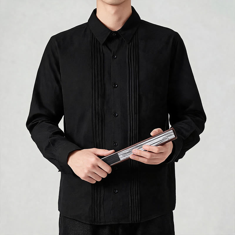 Buddha Stones Camicia da uomo a maniche lunghe, tinta unita, minimalista, con pieghe e bottoni, ideale per la primavera. - image 9