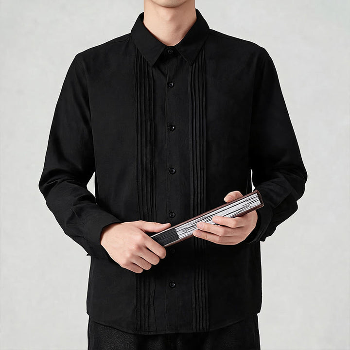 Buddha Stones Camicia da uomo a maniche lunghe, tinta unita, minimalista, con pieghe e bottoni, ideale per la primavera. - image 9
