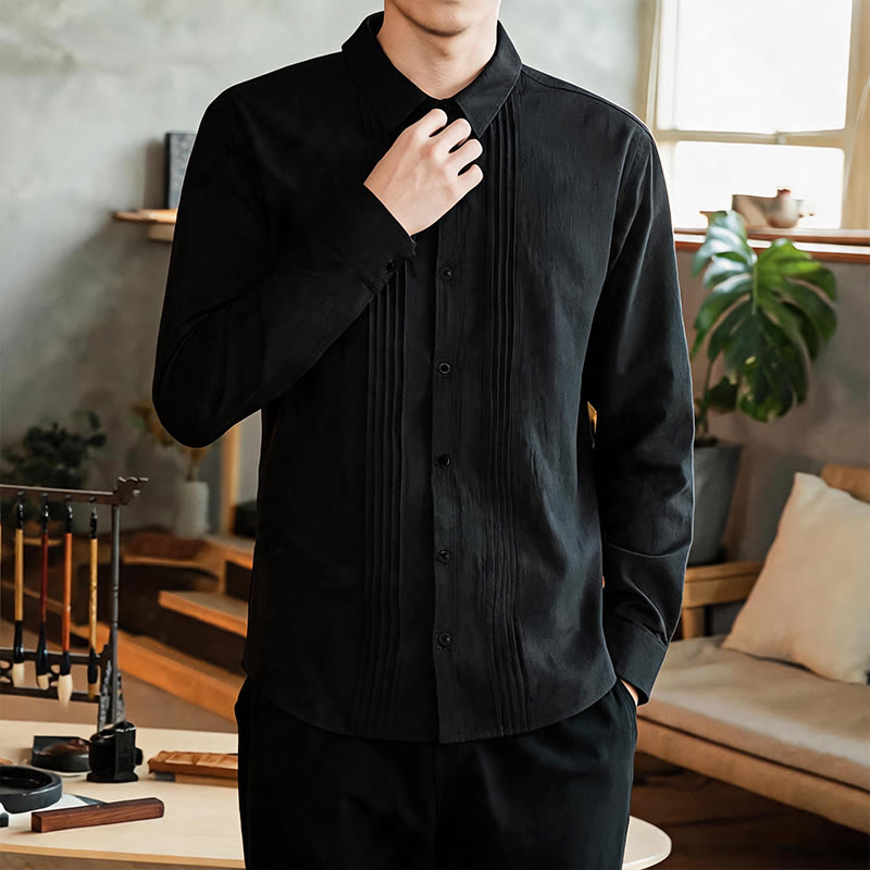Buddha Stones Camicia da uomo a maniche lunghe, tinta unita, minimalista, con pieghe e bottoni, ideale per la primavera. - image 8