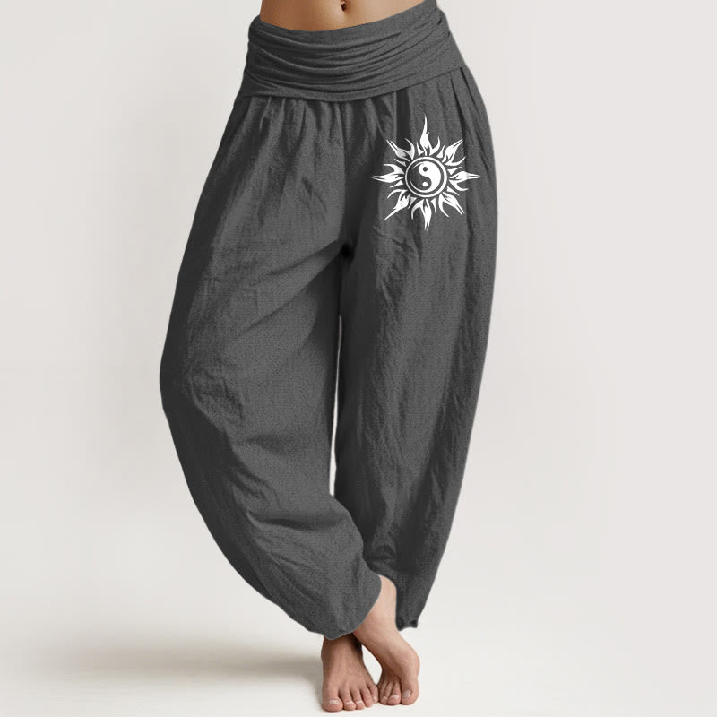 Buddha Stones Pantaloni harem da donna in puro cotone con motivo Yin Yang e sole, con elastico in vita. - Grigio tenue - US16, UK/AU20, EU48 (3XL) - image 8