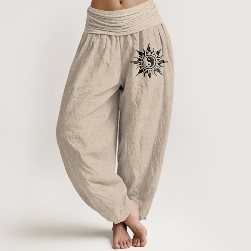 Buddha Stones Pantaloni harem da donna in puro cotone con motivo Yin Yang e sole, con elastico in vita. - Tan - US16, UK/AU20, EU48 (3XL) - image 11