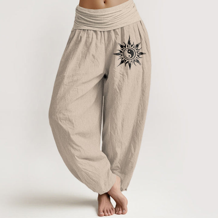 Buddha Stones Pantaloni harem da donna in puro cotone con motivo Yin Yang e sole, con elastico in vita. - Tan - US16, UK/AU20, EU48 (3XL) - image 11