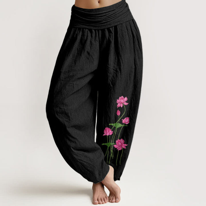 Buddha Stones Pantaloni harem da donna in puro cotone rosa con motivo floreale a loto e vita elasticizzata. - Nero - US16, UK/AU20, EU48 (3XL) - image 0