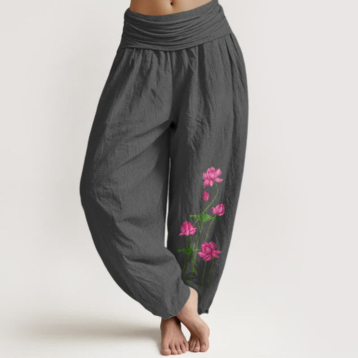 Buddha Stones Pantaloni harem da donna in puro cotone rosa con motivo floreale a loto e vita elasticizzata. - Grigio tenue - US16, UK/AU20, EU48 (3XL) - image 8