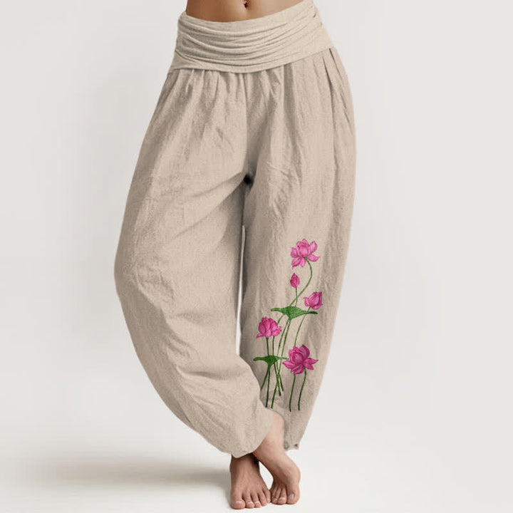 Buddha Stones Pantaloni harem da donna in puro cotone rosa con motivo floreale a loto e vita elasticizzata. - Tan - US16, UK/AU20, EU48 (3XL) - image 11