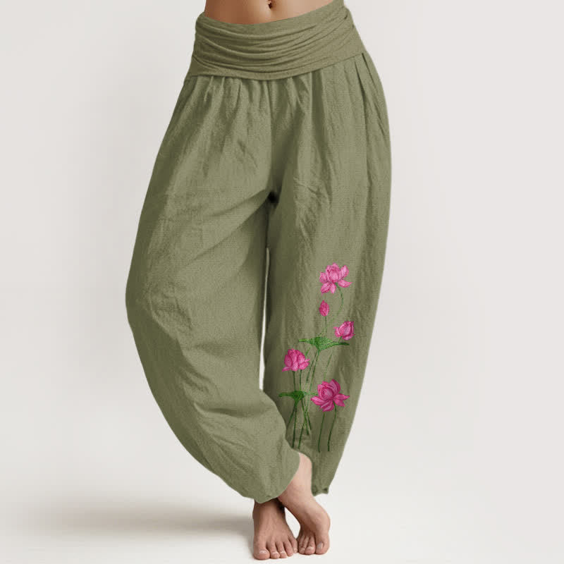 Buddha Stones Pantaloni harem da donna in puro cotone rosa con motivo floreale a loto e vita elasticizzata. - Verde oliva - US16, UK/AU20, EU48 (3XL) - image 14