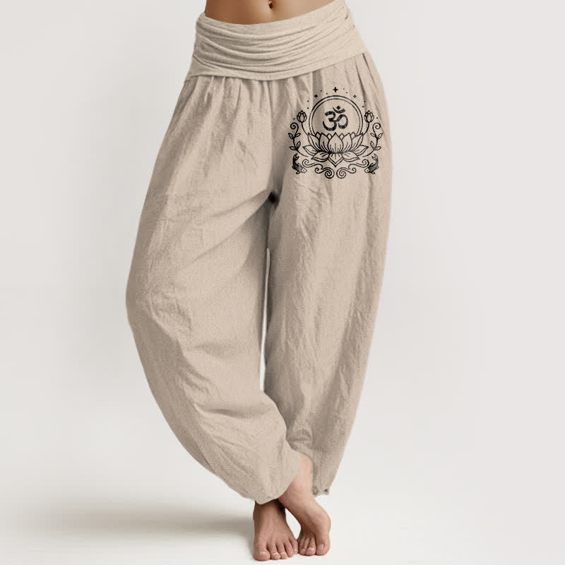 Buddha Stones Pantaloni harem da donna in puro cotone con motivo a loto sacro Om e vita elasticizzata. - Tan - US16, UK/AU20, EU48 (3XL) - image 11