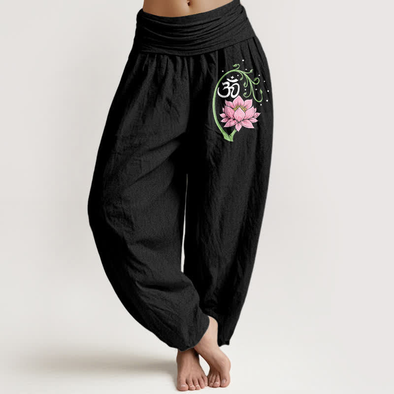 Buddha Stones Pantaloni harem da donna in puro cotone con motivo a vite di loto e simbolo Om, con elastico in vita. - Nero - US16, UK/AU20, EU48 (3XL) - image 0