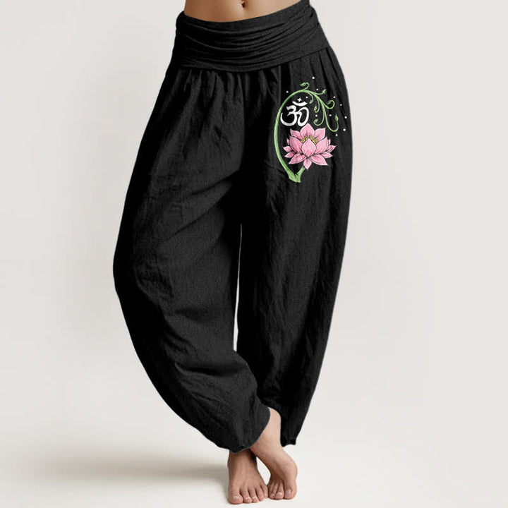 Buddha Stones Pantaloni harem da donna in puro cotone con motivo a vite di loto e simbolo Om, con elastico in vita. - Nero - US16, UK/AU20, EU48 (3XL) - image 0