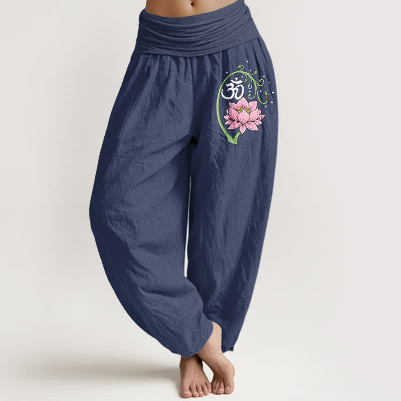 Buddha Stones Pantaloni harem da donna in puro cotone con motivo a vite di loto e simbolo Om, con elastico in vita. - Blu ardesia scuro - US16, UK/AU20, EU48 (3XL) - image 5