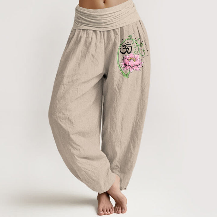 Buddha Stones Pantaloni harem da donna in puro cotone con motivo a vite di loto e simbolo Om, con elastico in vita. - Tan - US16, UK/AU20, EU48 (3XL) - image 11