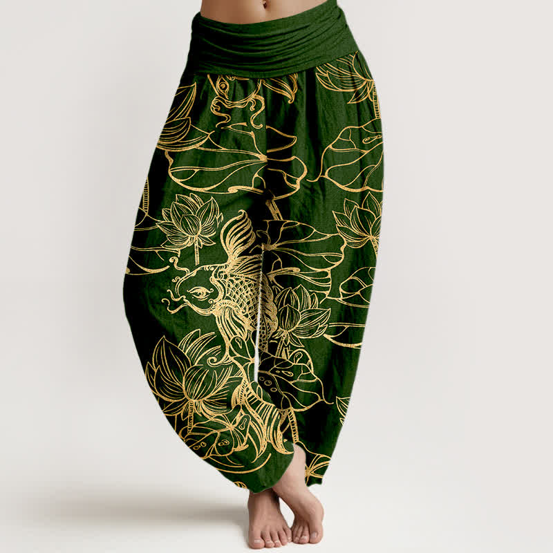Buddha Stones Pantaloni harem da donna in cotone con motivo a pesci e loto, con elastico in vita. - Verde scuro - US16, UK/AU20, EU48 (3XL) - image 0