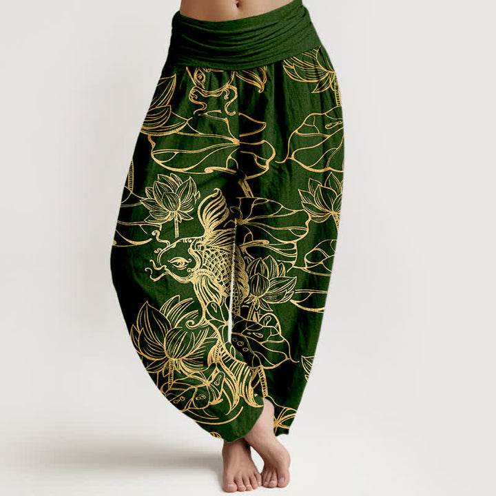 Buddha Stones Pantaloni harem da donna in cotone con motivo a pesci e loto, con elastico in vita. - Verde scuro - US16, UK/AU20, EU48 (3XL) - image 0
