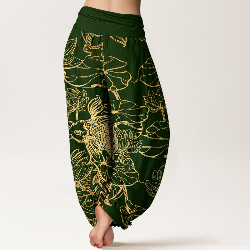 Buddha Stones Pantaloni harem da donna in cotone con motivo a pesci e loto, con elastico in vita. - image 2