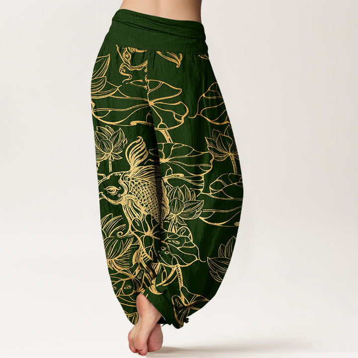 Buddha Stones Pantaloni harem da donna in cotone con motivo a pesci e loto, con elastico in vita. - image 2