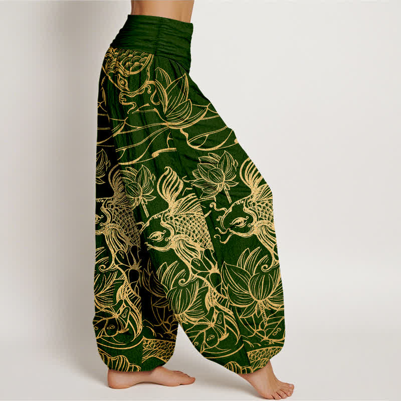 Buddha Stones Pantaloni harem da donna in cotone con motivo a pesci e loto, con elastico in vita. - image 1