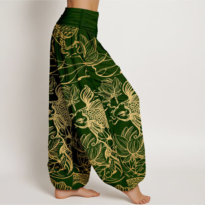 Buddha Stones Pantaloni harem da donna in cotone con motivo a pesci e loto, con elastico in vita. - image 1
