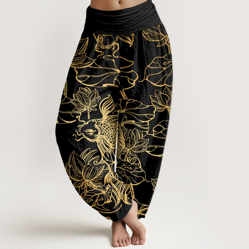 Buddha Stones Pantaloni harem da donna in cotone con motivo a pesci e loto, con elastico in vita. - Nero - US16, UK/AU20, EU48 (3XL) - image 5