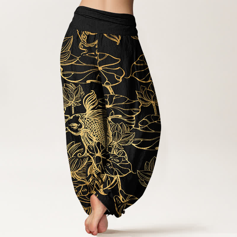 Buddha Stones Pantaloni harem da donna in cotone con motivo a pesci e loto, con elastico in vita. - image 7