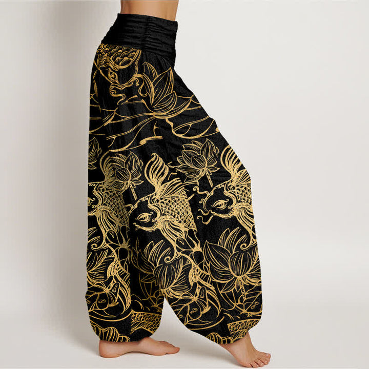 Buddha Stones Pantaloni harem da donna in cotone con motivo a pesci e loto, con elastico in vita. - image 6