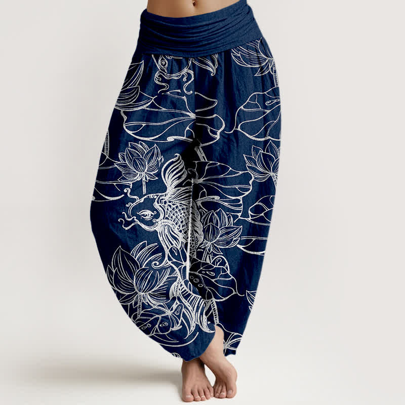 Buddha Stones Pantaloni harem da donna in cotone con motivo a pesci e loto, con elastico in vita. - Marina - US16, UK/AU20, EU48 (3XL) - image 8