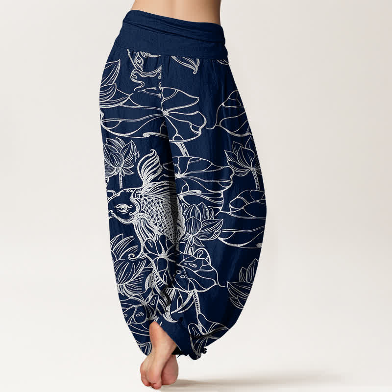 Buddha Stones Pantaloni harem da donna in cotone con motivo a pesci e loto, con elastico in vita. - image 10