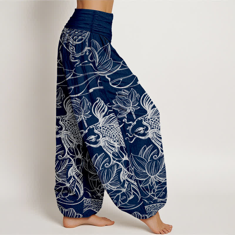 Buddha Stones Pantaloni harem da donna in cotone con motivo a pesci e loto, con elastico in vita. - image 9