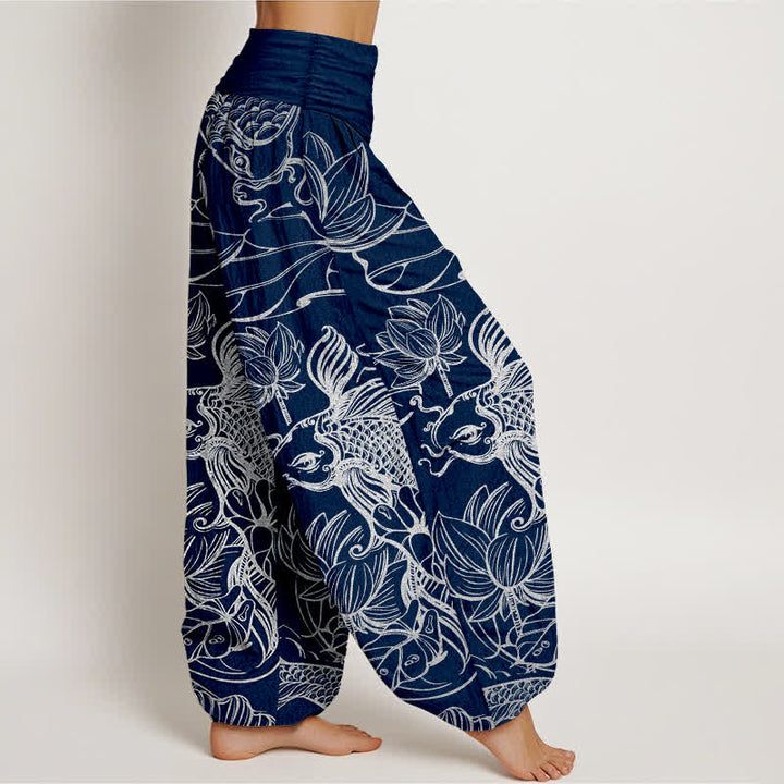 Buddha Stones Pantaloni harem da donna in cotone con motivo a pesci e loto, con elastico in vita. - image 9