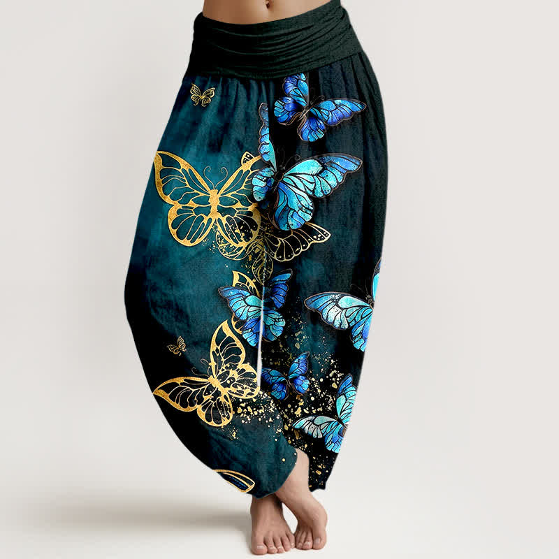 Buddha Stones Pantaloni harem da donna in cotone con motivo a farfalle luminose e vita elasticizzata. - Verde acqua - US16, UK/AU20, EU48 (3XL) - image 0