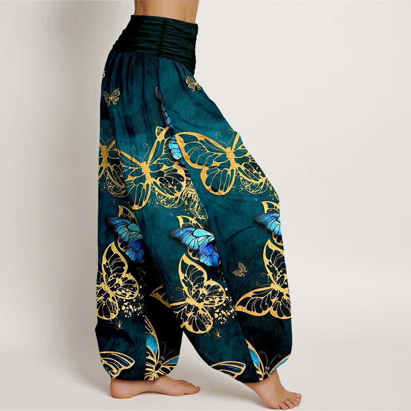 Buddha Stones Pantaloni harem da donna in cotone con motivo a farfalle luminose e vita elasticizzata. - image 1