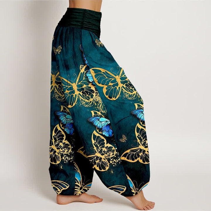 Buddha Stones Pantaloni harem da donna in cotone con motivo a farfalle luminose e vita elasticizzata. - image 1
