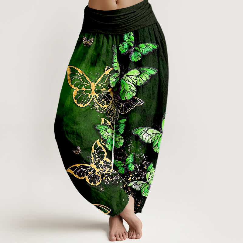 Buddha Stones Pantaloni harem da donna in cotone con motivo a farfalle luminose e vita elasticizzata. - Verde studentesco - US16, UK/AU20, EU48 (3XL) - image 5