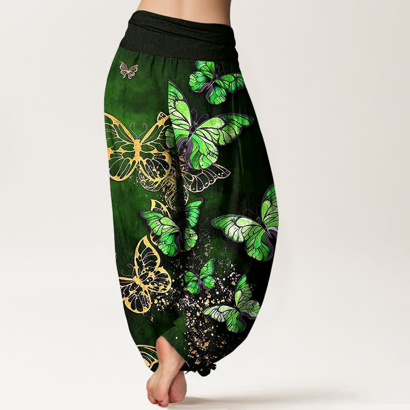 Buddha Stones Pantaloni harem da donna in cotone con motivo a farfalle luminose e vita elasticizzata. - image 7