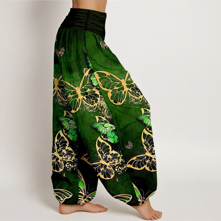 Buddha Stones Pantaloni harem da donna in cotone con motivo a farfalle luminose e vita elasticizzata. - image 6