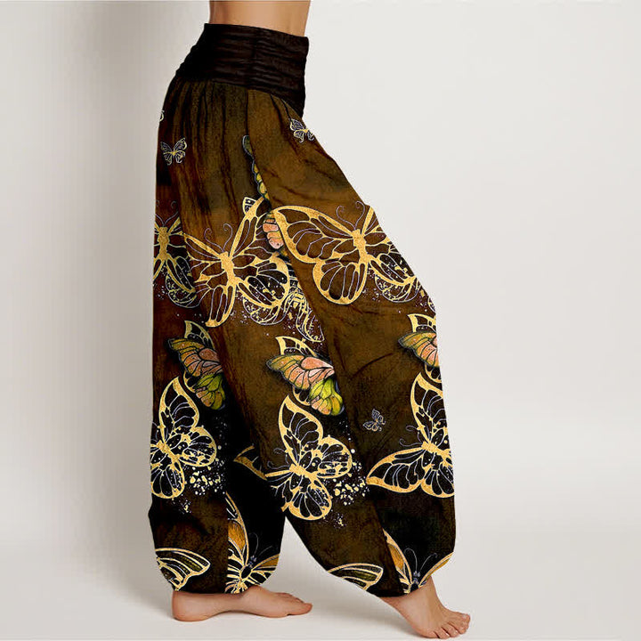Buddha Stones Pantaloni harem da donna in cotone con motivo a farfalle luminose e vita elasticizzata. - image 9