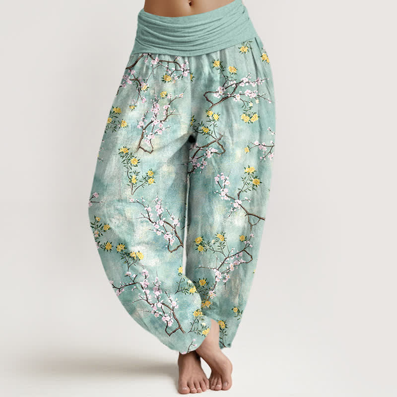 Buddha Stones Pantaloni harem da donna in cotone con motivo floreale botanico e elastico in vita. - Acquamarina - US16, UK/AU20, EU48 (3XL) - image 0