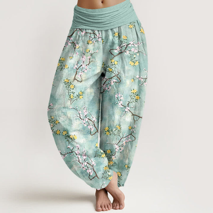 Buddha Stones Pantaloni harem da donna in cotone con motivo floreale botanico e elastico in vita. - Acquamarina - US16, UK/AU20, EU48 (3XL) - image 0