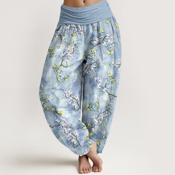 Buddha Stones Pantaloni harem da donna in cotone con motivo floreale botanico e elastico in vita. - Azzurro chiaro - US16, UK/AU20, EU48 (3XL) - image 5
