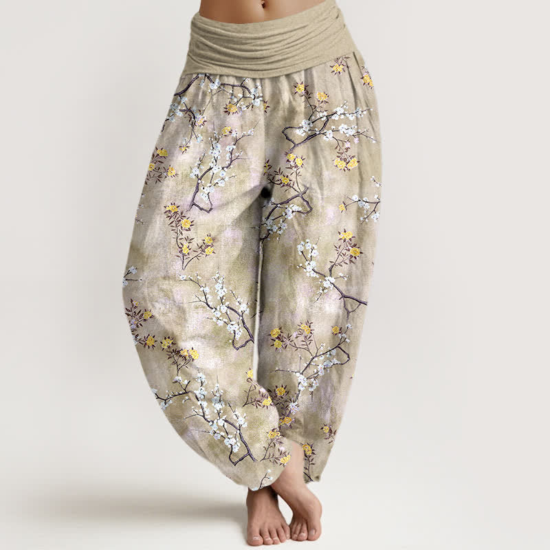 Buddha Stones Pantaloni harem da donna in cotone con motivo floreale botanico e elastico in vita. - Verga d'oro pallida - US16, UK/AU20, EU48 (3XL) - image 8
