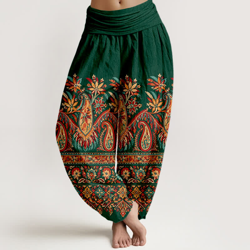Buddha Stones Pantaloni harem da donna in cotone con motivo paisley etnico e vita elasticizzata. - Verde studentesco - US16, UK/AU20, EU48 (3XL) - image 5