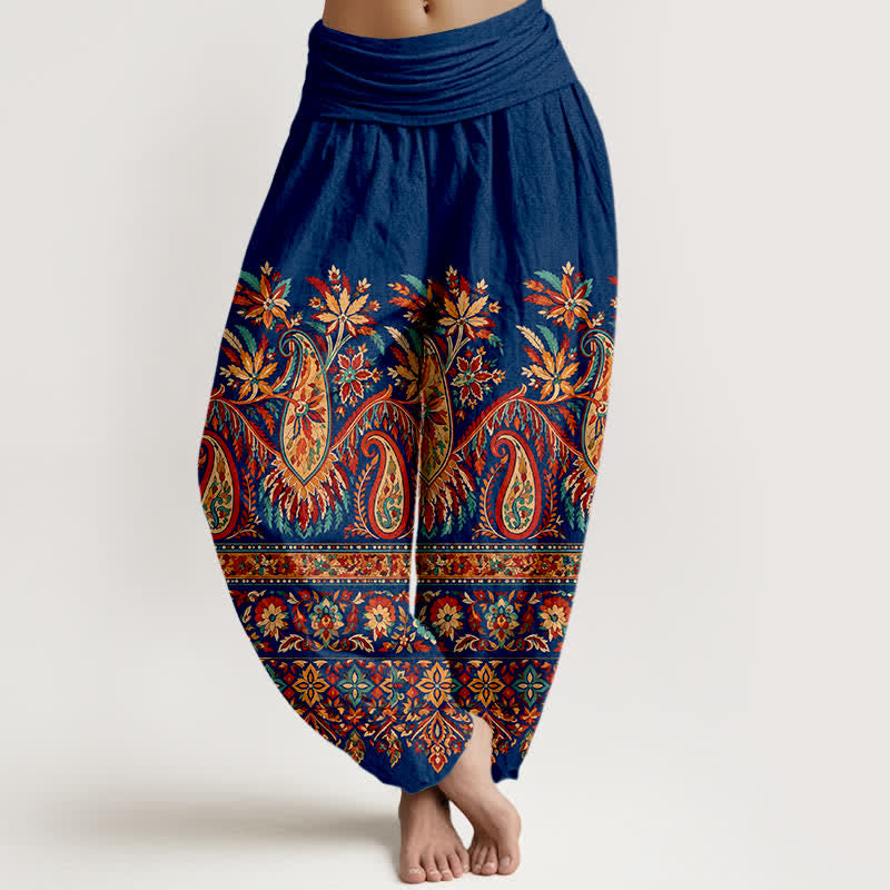Buddha Stones Pantaloni harem da donna in cotone con motivo paisley etnico e vita elasticizzata. - Marina - US16, UK/AU20, EU48 (3XL) - image 8