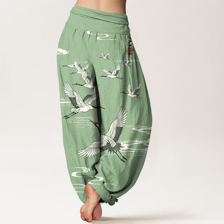 Buddha Stones Pantaloni harem da donna in cotone con motivo a onde orientali e stampa gru, con elastico in vita. - image 2