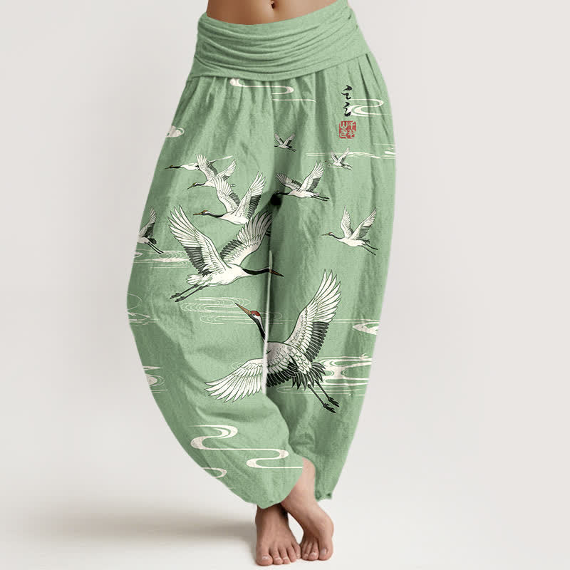 Buddha Stones Pantaloni harem da donna in cotone con motivo a onde orientali e stampa gru, con elastico in vita. - Verde pallido - US16, UK/AU20, EU48 (3XL) - image 0