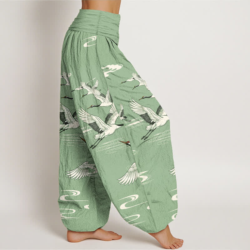 Buddha Stones Pantaloni harem da donna in cotone con motivo a onde orientali e stampa gru, con elastico in vita. - image 1