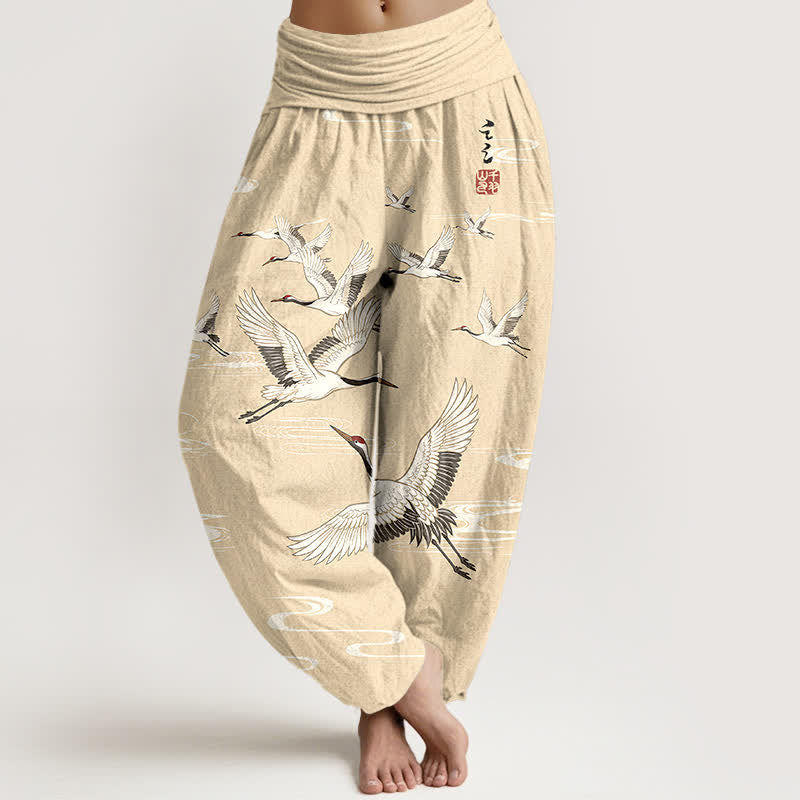 Buddha Stones Pantaloni harem da donna in cotone con motivo a onde orientali e stampa gru, con elastico in vita. - LemonChiffon - US16, UK/AU20, EU48 (3XL) - image 5