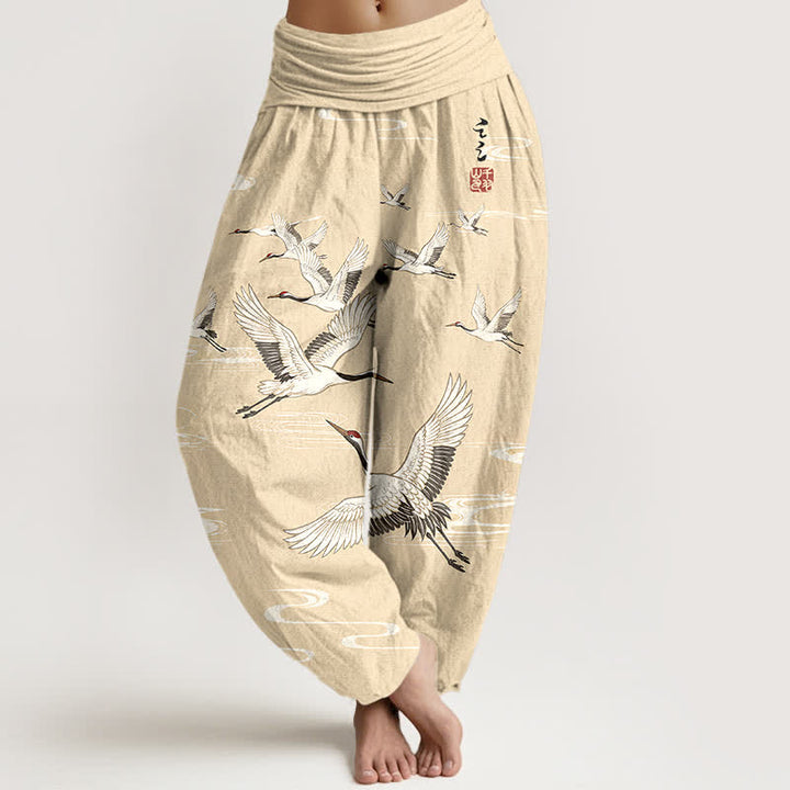 Buddha Stones Pantaloni harem da donna in cotone con motivo a onde orientali e stampa gru, con elastico in vita. - LemonChiffon - US16, UK/AU20, EU48 (3XL) - image 5